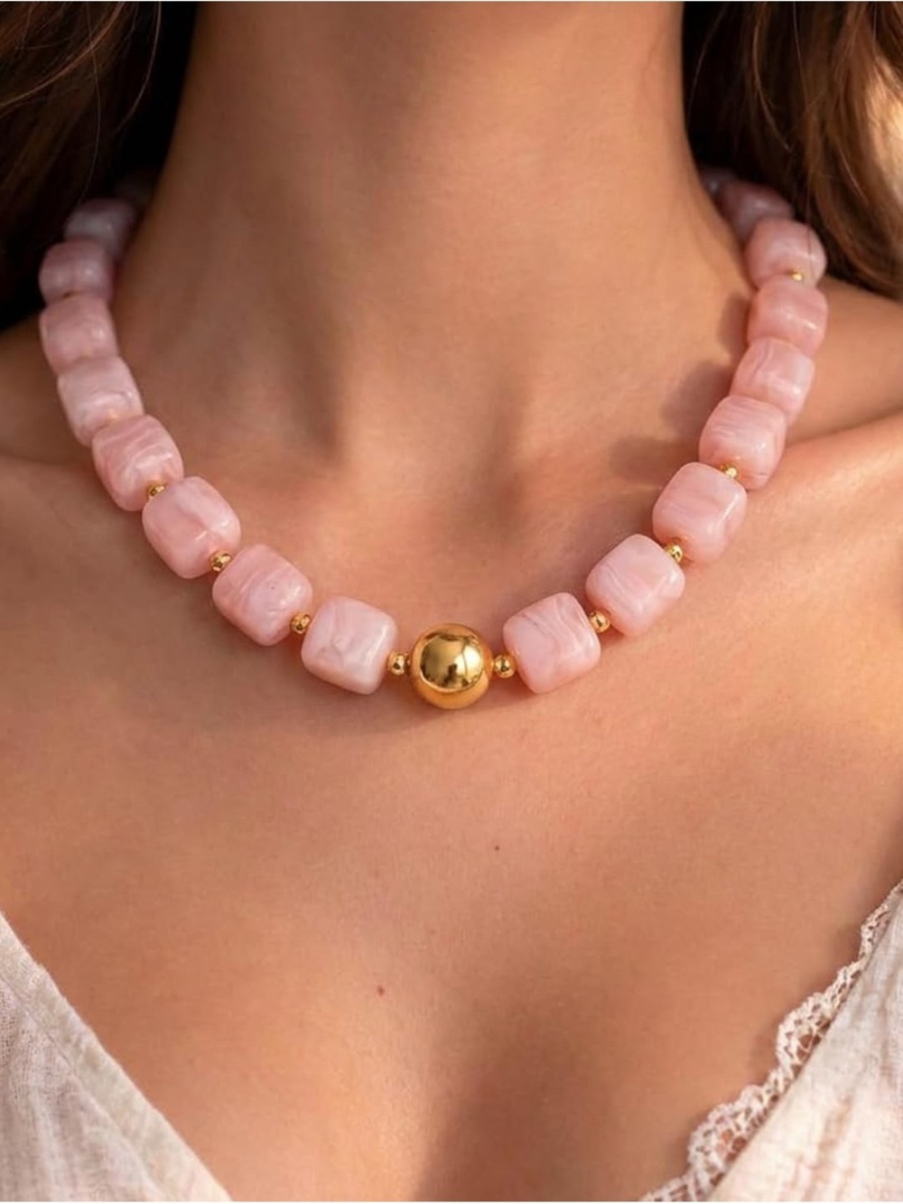 Trendy Pink Beaded Necklace with Gold Accent NEW